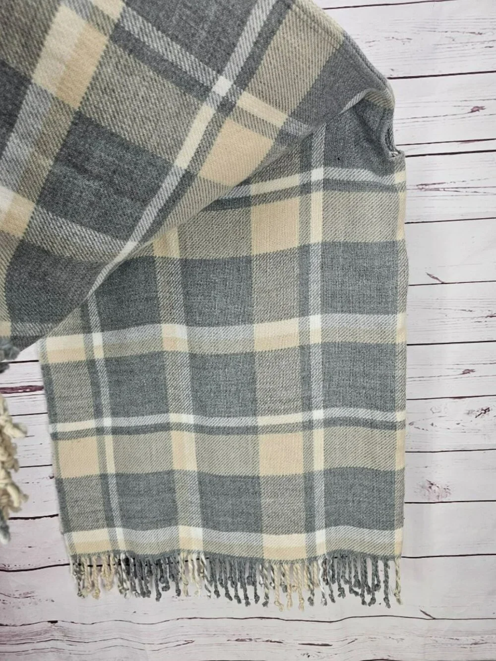 Abercrombie & Fitch Gray & Cream Plaid Fringe Wrap Shawl Scarf